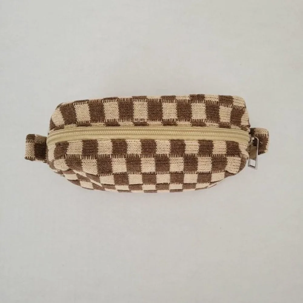 Checkered Print Cosmetic Make Up Beauty Bag in‎ Brown and Beige